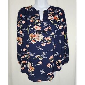 Fun 2 Fun Women's Navy Blue Floral V-Neck Long Sleeve Pullover Blouse Size Small